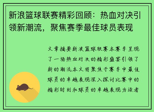 新浪篮球联赛精彩回顾：热血对决引领新潮流，聚焦赛季最佳球员表现