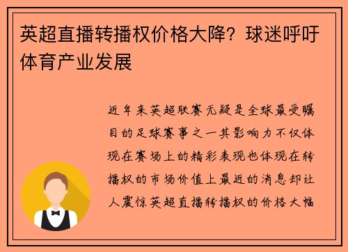 英超直播转播权价格大降？球迷呼吁体育产业发展